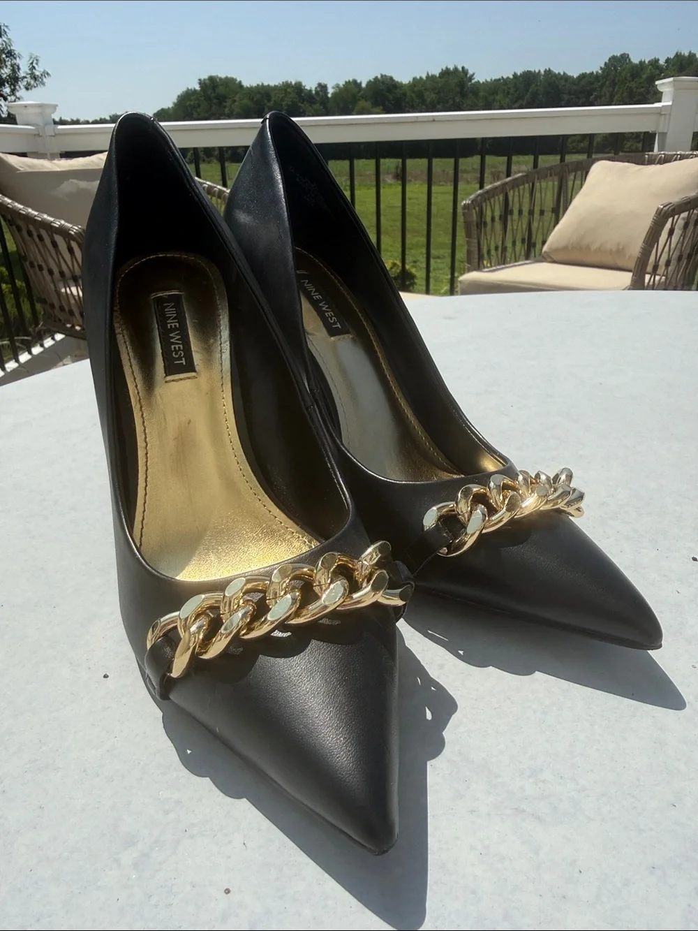 Nine West Black Pointed Toe Pumps with Gold Chain